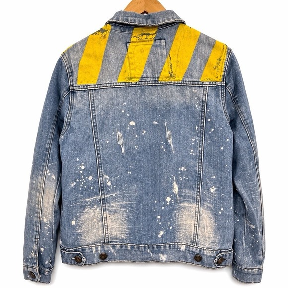 Reason Fearless Buffalo Patch Distressed Denim Trucker Jacket Paint Splatter S - Picture 2 of 9